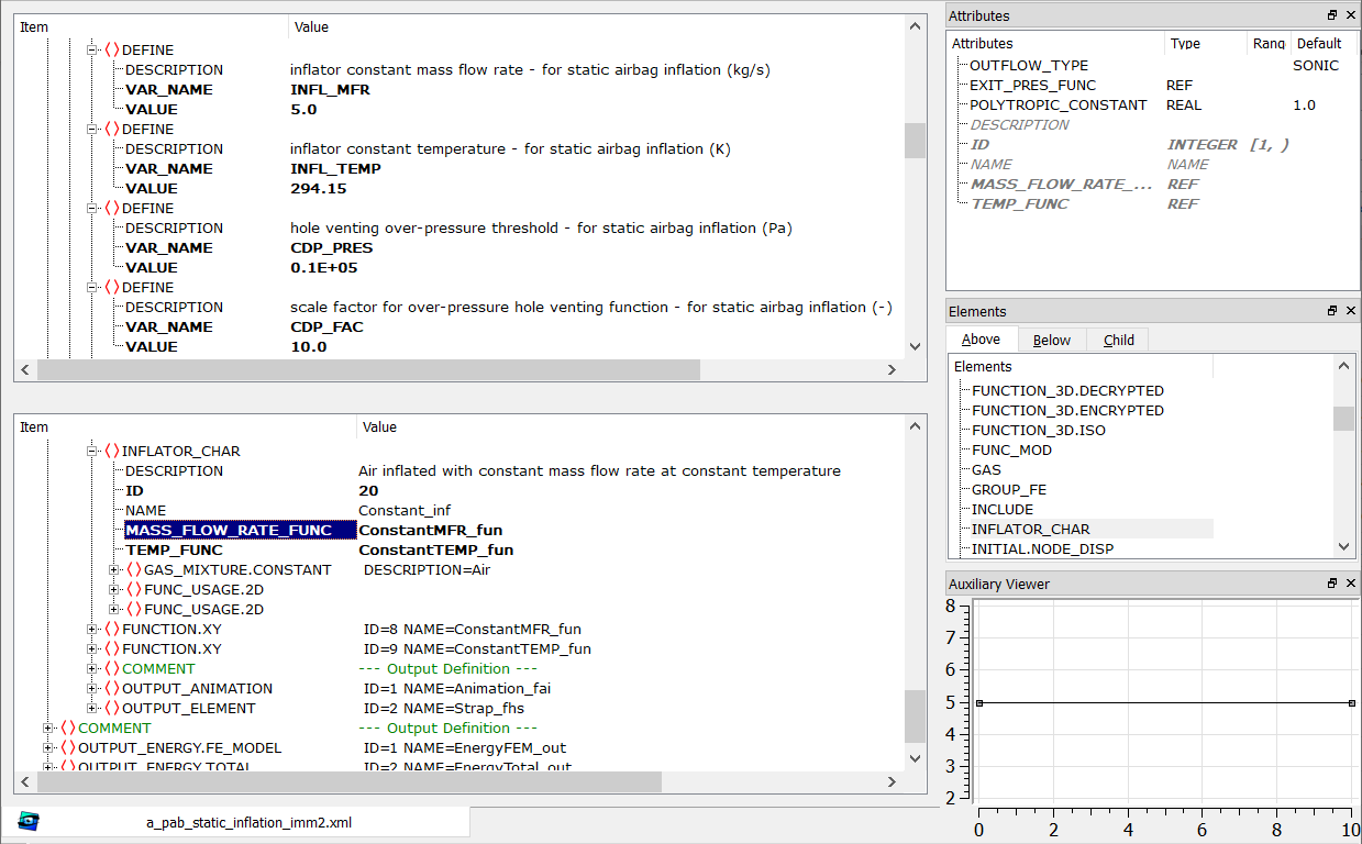 Madymo XML input definition for the inflator characteristic with constant air inflow.