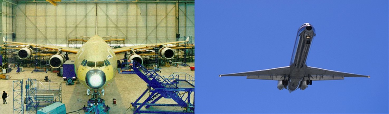 Figure 1: Structural testing of an aircraft under two boundary conditions.  Left: Experimental modal analysis in a laboratory using pneumatic suspension. Right: Operational modal analysis performed in flight.