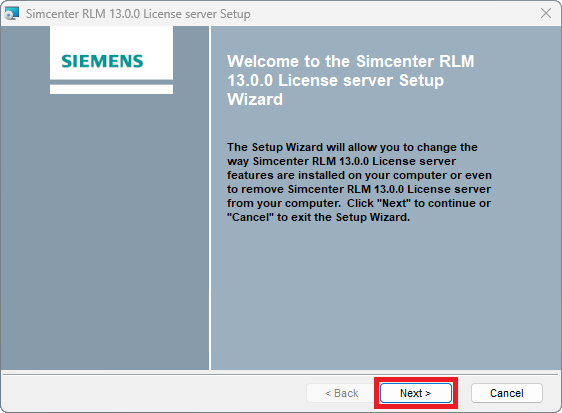 Initial window of the RLM 13.0.0 License Server Setup Wizard.