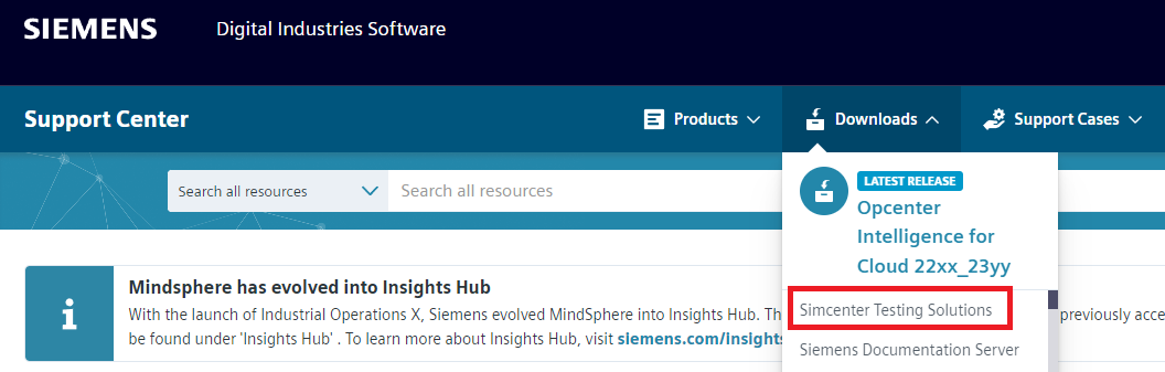Locate Simcenter Testing Solutions under the Downloads tab of the Support Center.