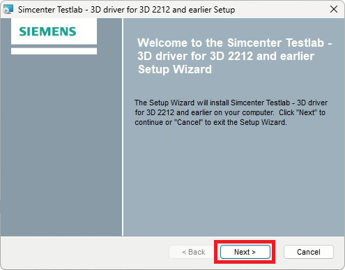 Initial window of the Simcenter Driver Setup Wizard.