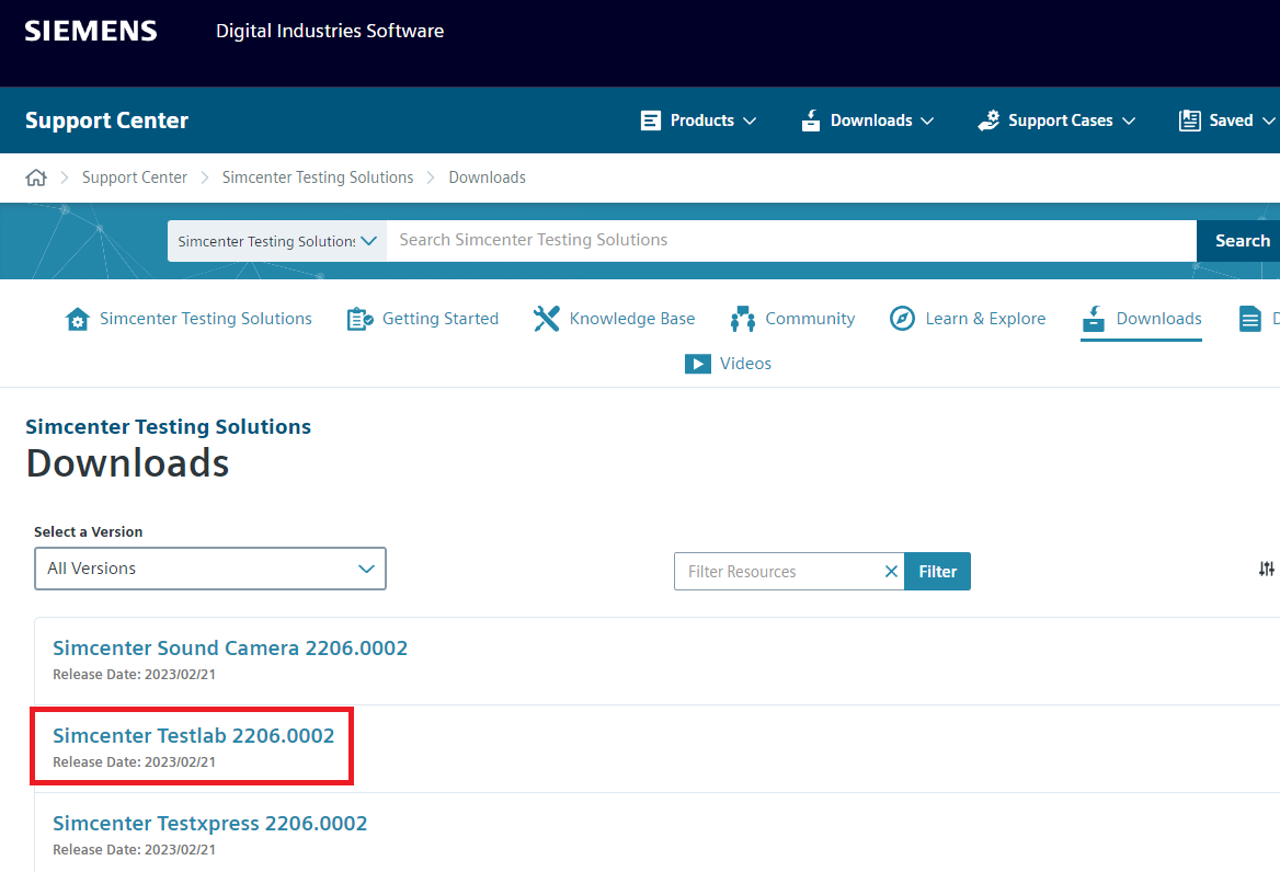 Locate the Simcenter Testlab 2206.0002 version on the Support Center.