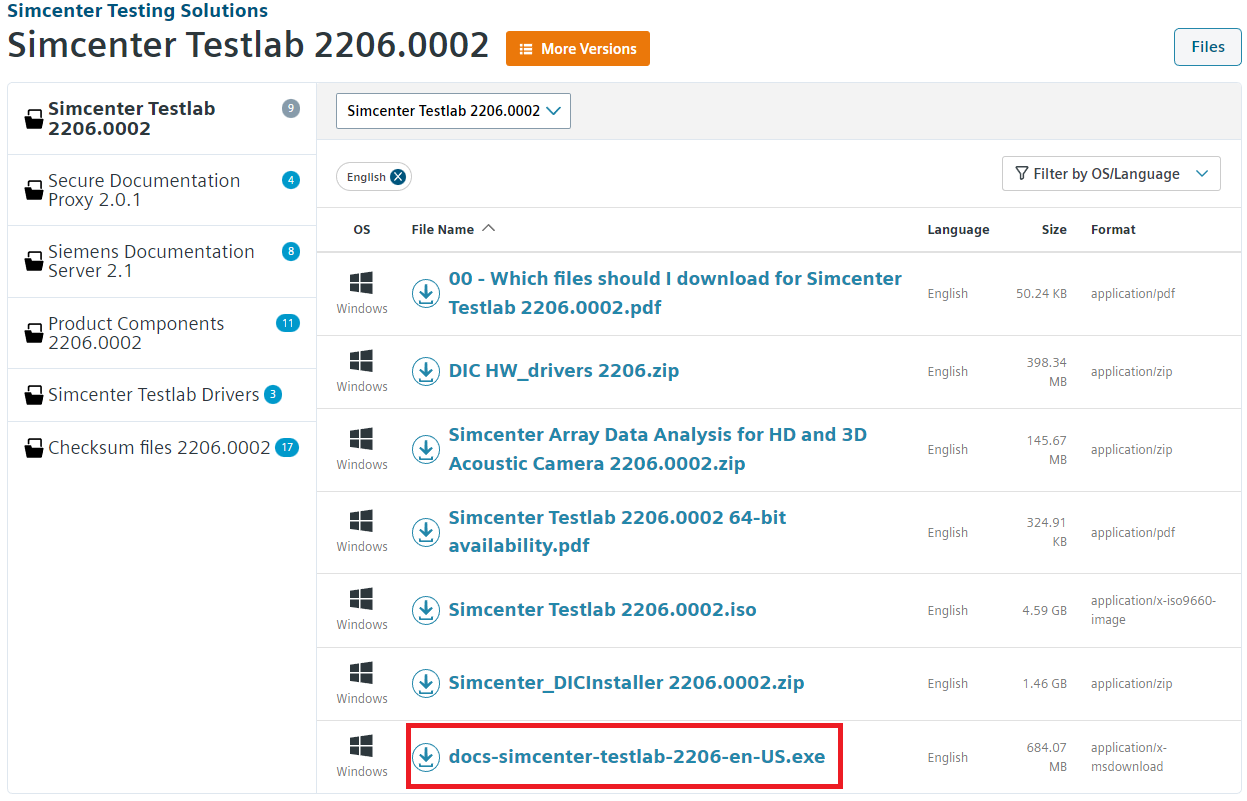 Locating the docs-simcenter-testlab-2206-en-US.exe on the Support Center.