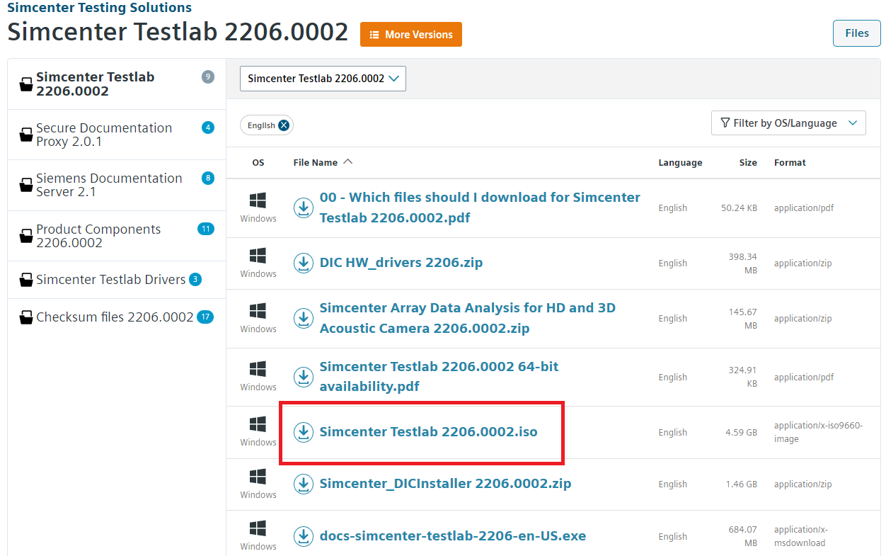 Locate the Simcenter Testlab 2206.0002.iso file on the Support Center.