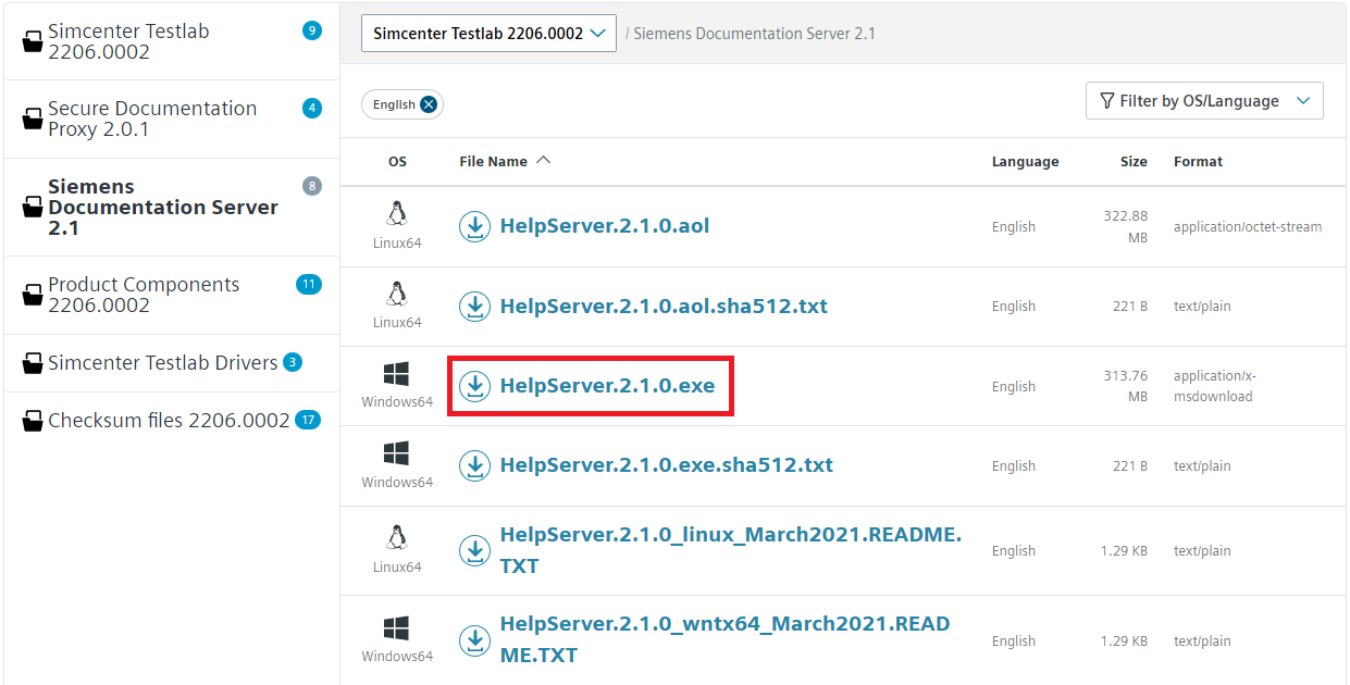 Locating the Help Server 2.1.0 on the Support Center.