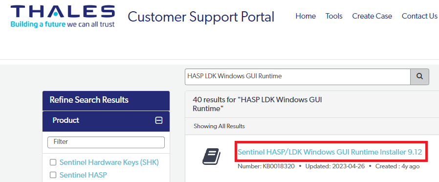 Locating the Sentinel HASP LDK Windows GUI Runtime Installer.