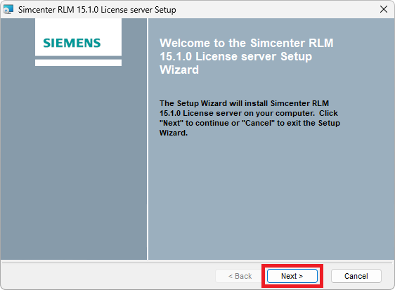 Initial window of the RLM 15.1.0 License Server Setup Wizard.