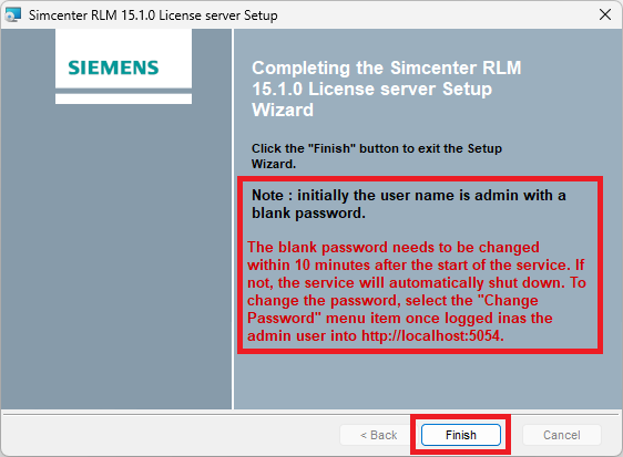 The final screen of the RLM license server setup, with warning to change the admin password.
