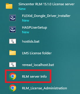 Locating the RLM Server Info link in the Start Menu