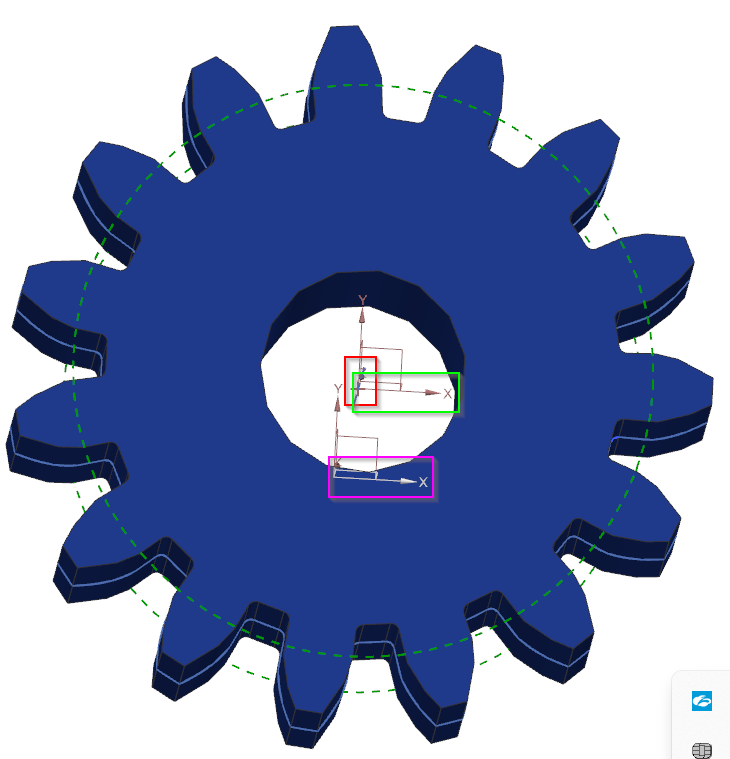 A blue gear with green lines and a hole in the middle  Description automatically generated