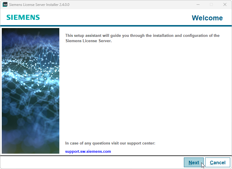 Siemens License Server installer wizard startup page