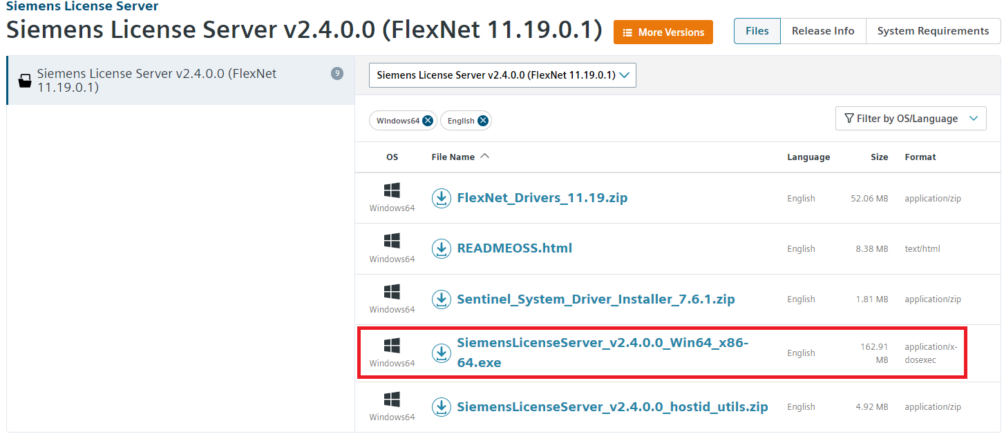 Siemens License Server in the Support Center