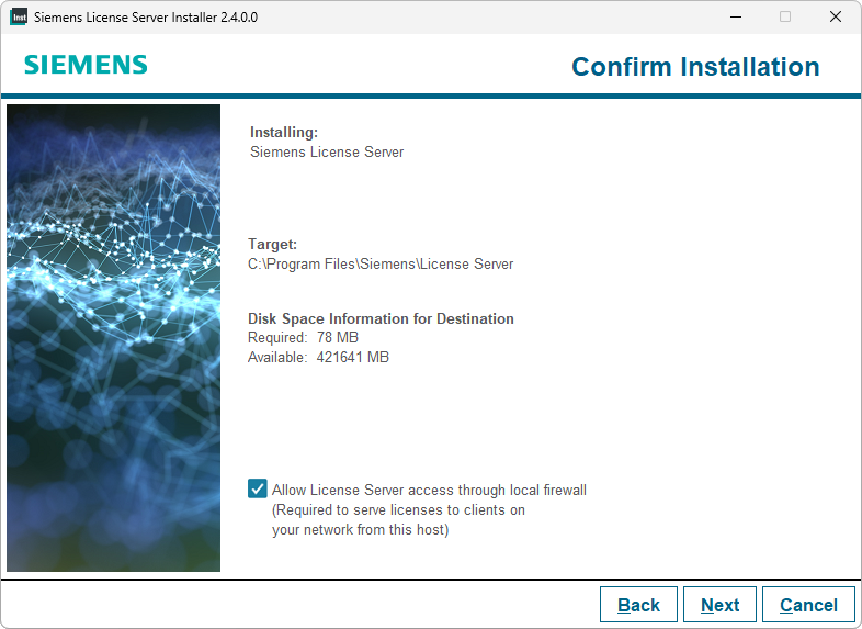 Siemens License Server firewall exemption