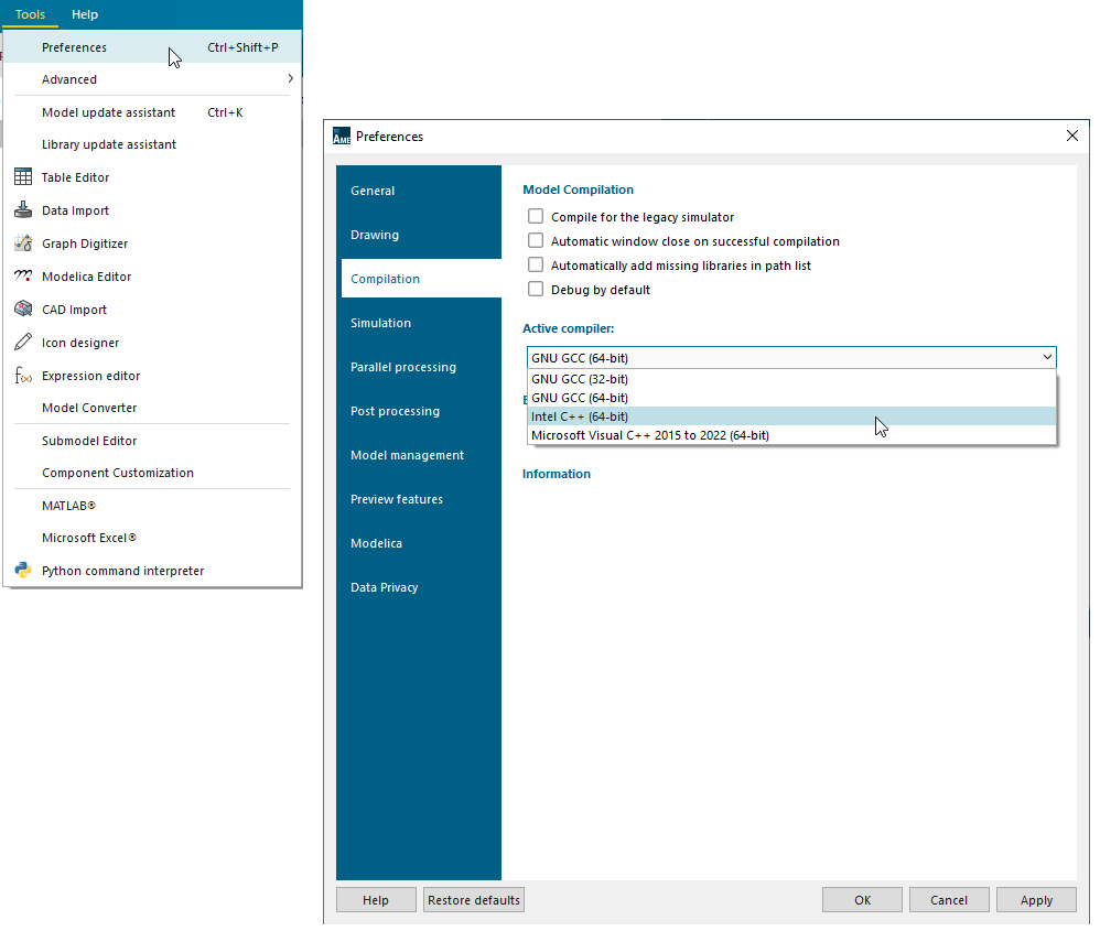 Selecting the Intel C++ compiler as active compiler in Simcenter Amesim