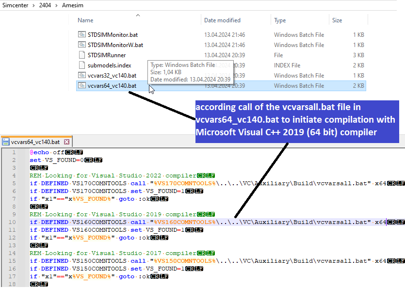 Initiate compilation with Microsoft Visual C++ 2019 call through vcvars64_vc140.bat file