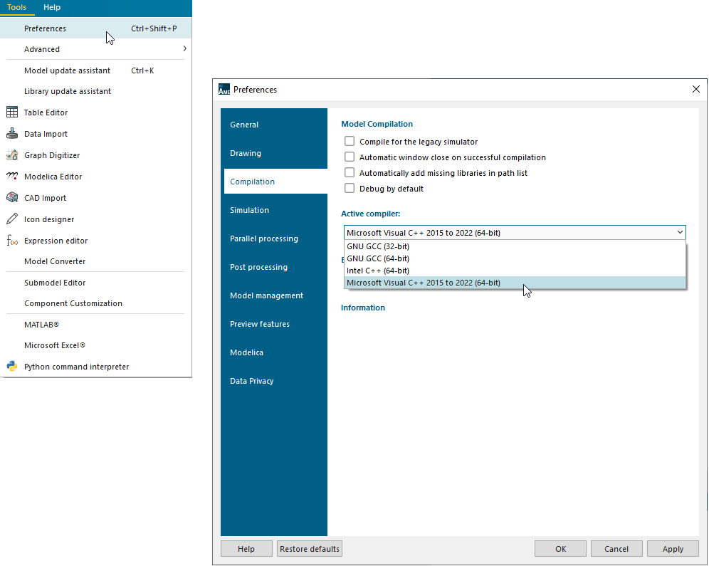 Setting Microsoft Visual C++ 2019 compiler in Compilation tab of Preferences window