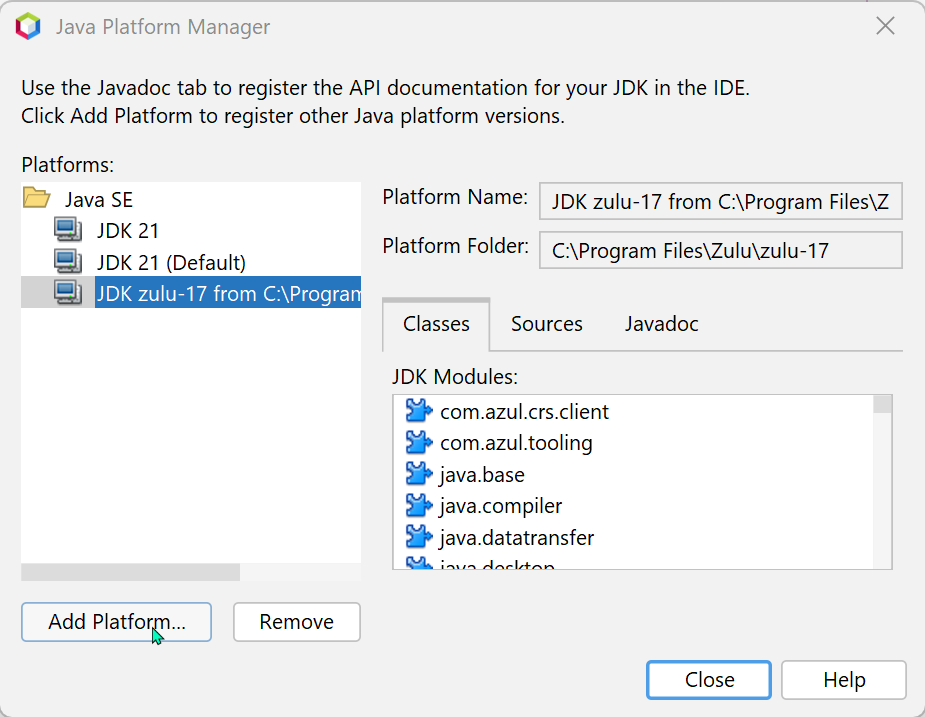 Java Platform Manager Dialogue. With mouse pointer on Add Platform button to add the JDK that comes with STAR-CCM+.