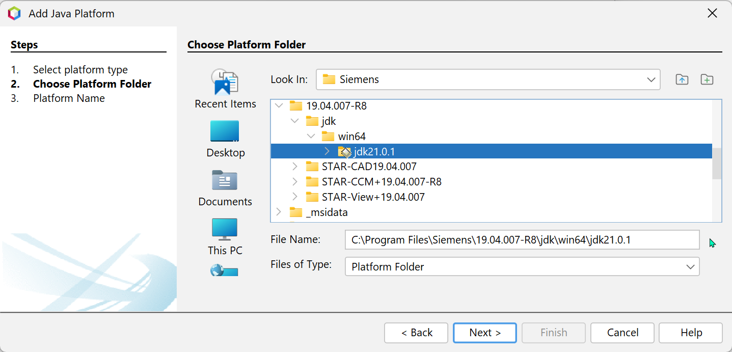 Choosing the jdk\win64\jdk21.0.1 subfolder of the 2406 Version of STAR-CCM+ installed on Windows under the typical location