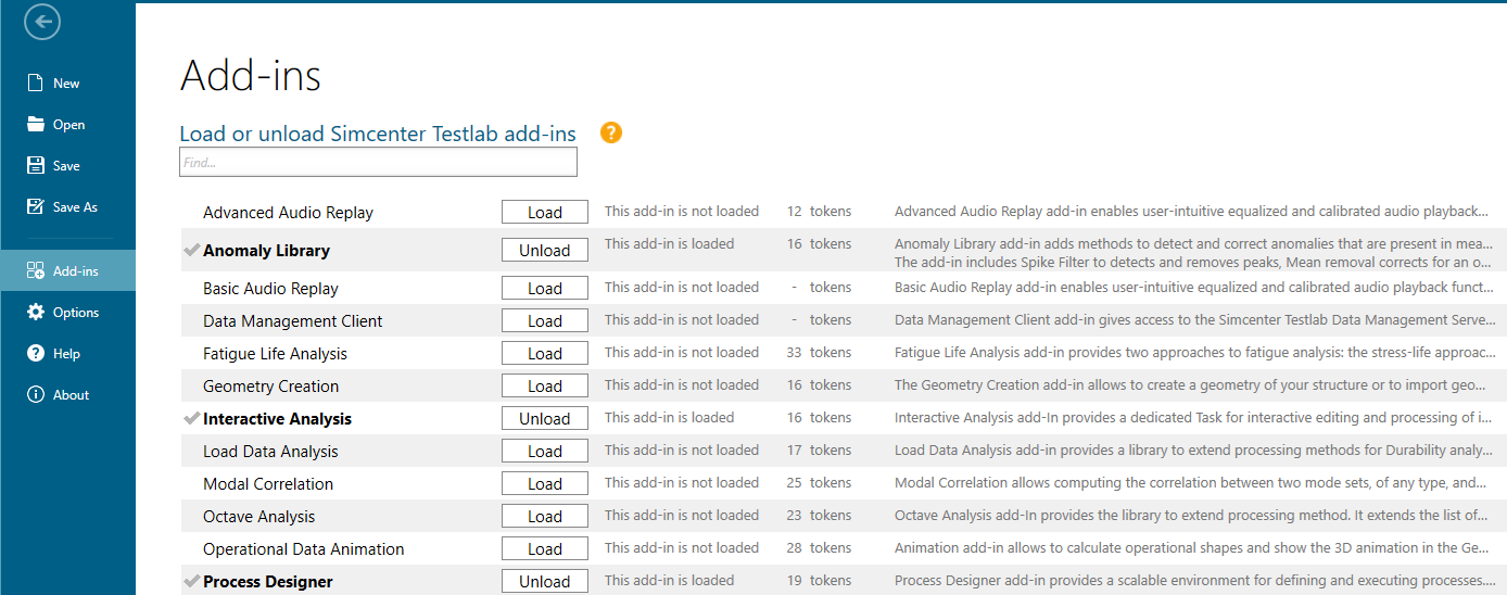 Selecting tokenable add-ins in Simcenter Testlab Neo.