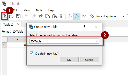 시스템 생성 대체 텍스트: Table Editor  dit Vien Tools Help  (0 屯 砢  TablelO X  Create new table  Format: 10 Table  30 Table  目 Create in new tab ?  뺘국하구녁력§르피 