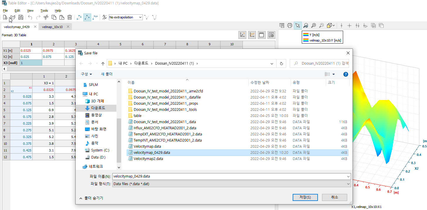 시스템 생성 대체 텍스트: File Edit Vien  1,회oatyma다-0국29 X  Format: Table  73|]Ⅰe Editcr - CC /Us타s/ke니〕E02덕/0큐In|cads/000도크n Ⅳ20220411 (1),,Velocitymap_C42g date)  파일  파일  파일  파일  파일  Tools Help  e 屯 砢 2월?, 자국국하구녁국卜〔전  velmap 10K10  0.0975  0.075  0.0325  [`기爲 P 翌VI 十  十 十4 十>  Xl[m]  Ⅸ2 [m]  0.0325  0.025  X3 [null] 1  0.025  0.075  0 .175  0.275  0.375  0 . 국25  0 . 국75  Save file  구성  SPLM  :믈 30 개제  다운로드  동영상  System (예  』 Data (0!)  네트워크  파일 이를(N〕:  파일 영식 (뙤-  ^ 숨기기  내 PC  ) 나은  二  0005크n Ⅳ20220411 (1)  되니亘旦  수정한 날짜  0  p  = velmap 10K10,Y [m/s]  00053|1-Ⅸ,20220411 (1) 검 ,격  0  크기  다  000도an Ⅳ test model 20220411 ame2cfd  다  000도an Ⅳ test model 20220411 datafile  000도an IV test model 2022041 :  -9[095  다  000도an Ⅳ test model 20220411 -t00 5  다  table  000도an Ⅳ test model 20220411 data  *flux AME2CFD HEATRAD2001 2.data  그 TempEXT AME2CFD HEATRAD2001 2.data  그 TemplNT AME2CFD HEATRAD2001 2.data  Velocitymapdata  velocitymap 042g.data  Velocitymap2.data  velocitymap 0429쳔3t3  Data ('data •.dat)  2022-04-29 오전 9: 32  2022-04-11 오후 4: 02  2022-04-11 오후 4: 02  2022-04-11 오후 4: 02  2022-04-25 오전 1003  2022-04-29 오전 9: 46  2022-04-29 오전 9: 46  2022-04-29 오전 9: 46  2022-04-29 오전 9: 46  2022-04-29 오전 940  2022-04-29 오 전 1 이20  2022-04-29 오전 9: 46  DATA 파일  DATA 파일  DATA 파일  DATA 파일  DATA 파일  DATA 파일  DATA 파  서장(되  11K8  4K8  4K8  4K8  4K8  4K8  4K8  0•7 [예  Ⅸ 1, 10K 10:Ⅸ 1 